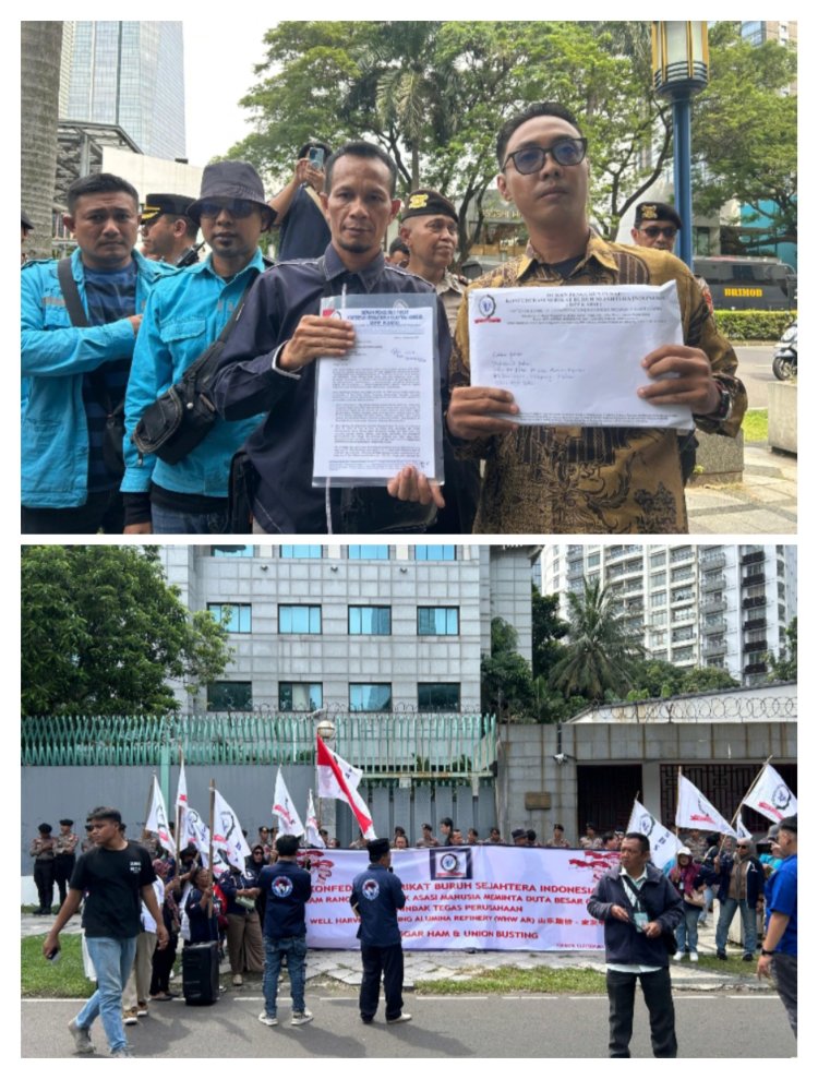 "Ratusan Buruh Gelar Aksi di Depan Kedubes Tiongkok - Klaim Bertahun-Tahun Pelanggaran HAM & Ketenagakerjaan di PT WHW AR"