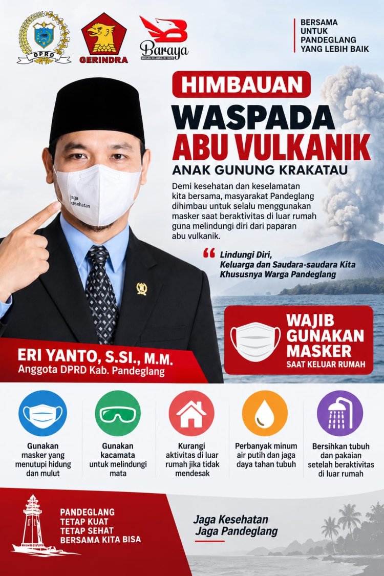 Waspada Abu Vulkanik Anak Krakatau, Fraksi Gerindra DPRD Pandeglang Eriyanto Ajak Warga Pandeglang Lindungi Diri dengan Masker