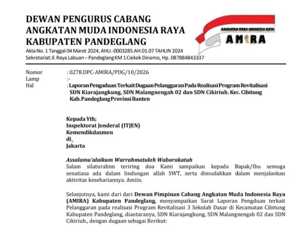 Diduga Tidak Sesuai Juknis, DPC AMIRA Laporkan Kegiatan Program Revitalisasi SDN Malangnengah 02, SDN Cikiruh dan SDN Kiarajangkung Cibitung Ke Itjen Kemdikdasmen