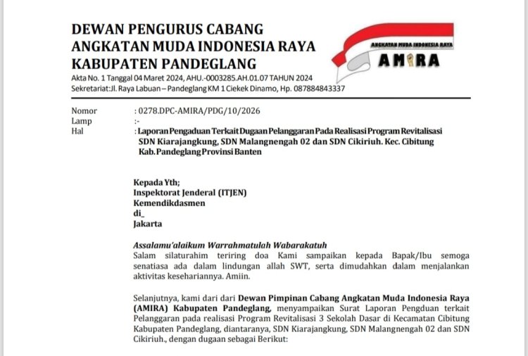 Diduga Tidak Sesuai Juknis, DPC AMIRA Laporkan Kegiatan Program Revitalisasi SDN Malangnengah 02, SDN Cikiruh dan SDN Kiarajangkung Cibitung Ke Itjen Kemdikdasmen