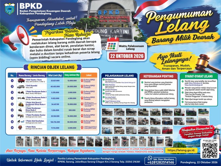 BPKD Pandeglang Umumkan Lelang Barang Milik Daerah, Terbuka Untuk Masyarakat Pada 22 Oktober 2026
